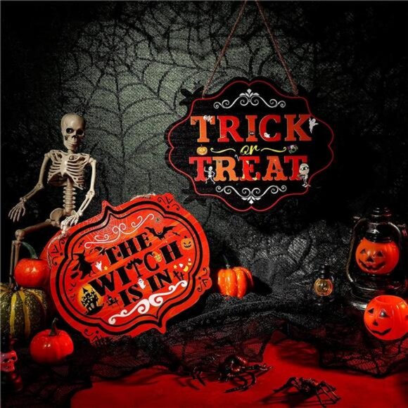 2 Pieces Halloween Wood Door Decorations Trick or Treat Hanging Sign - Picture 2 of 8